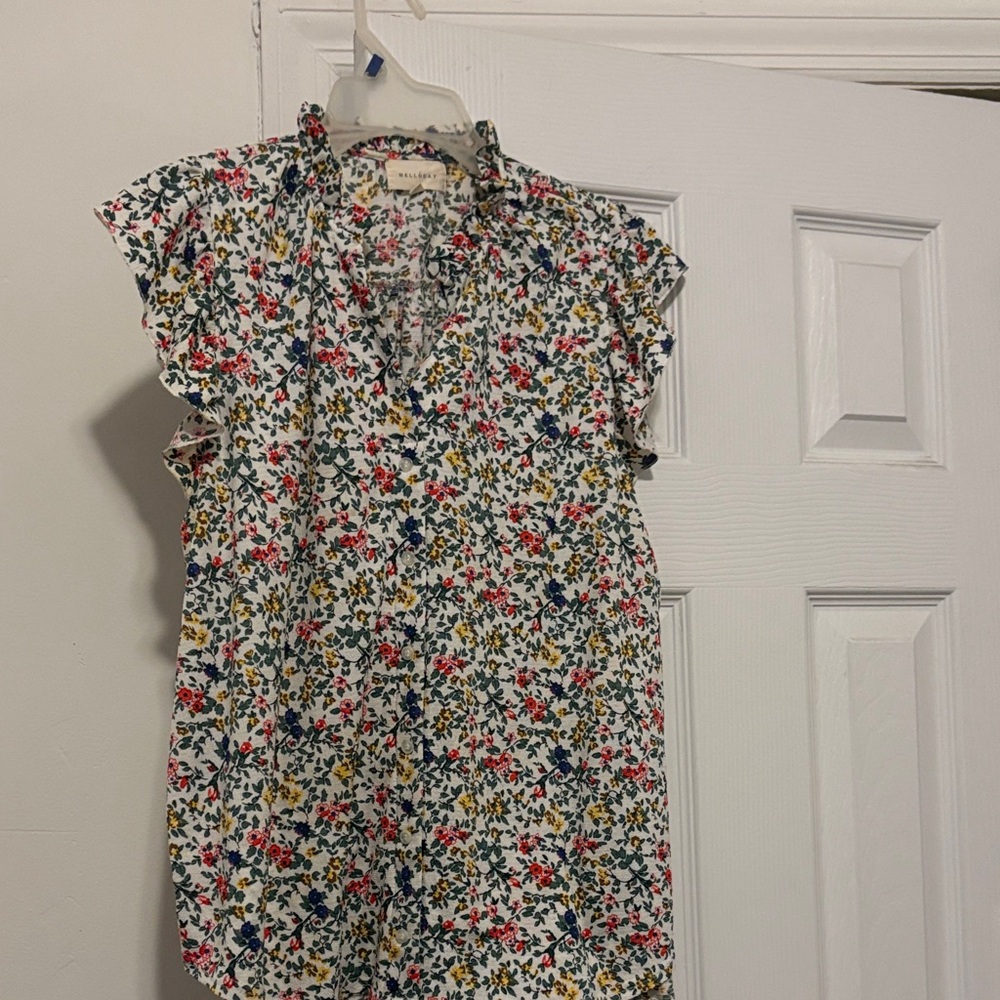 MELLODAY White Floral Ruffle Neck Blouse